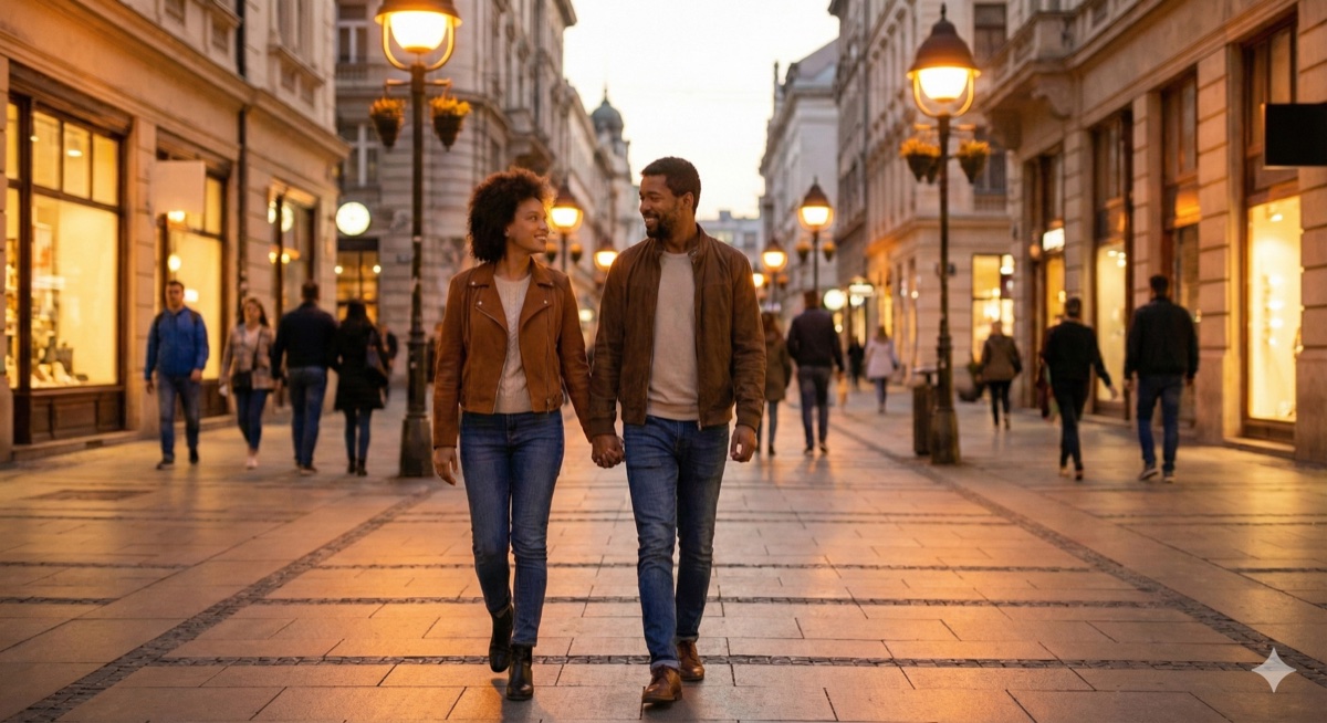 A couple walking a city street at dusk